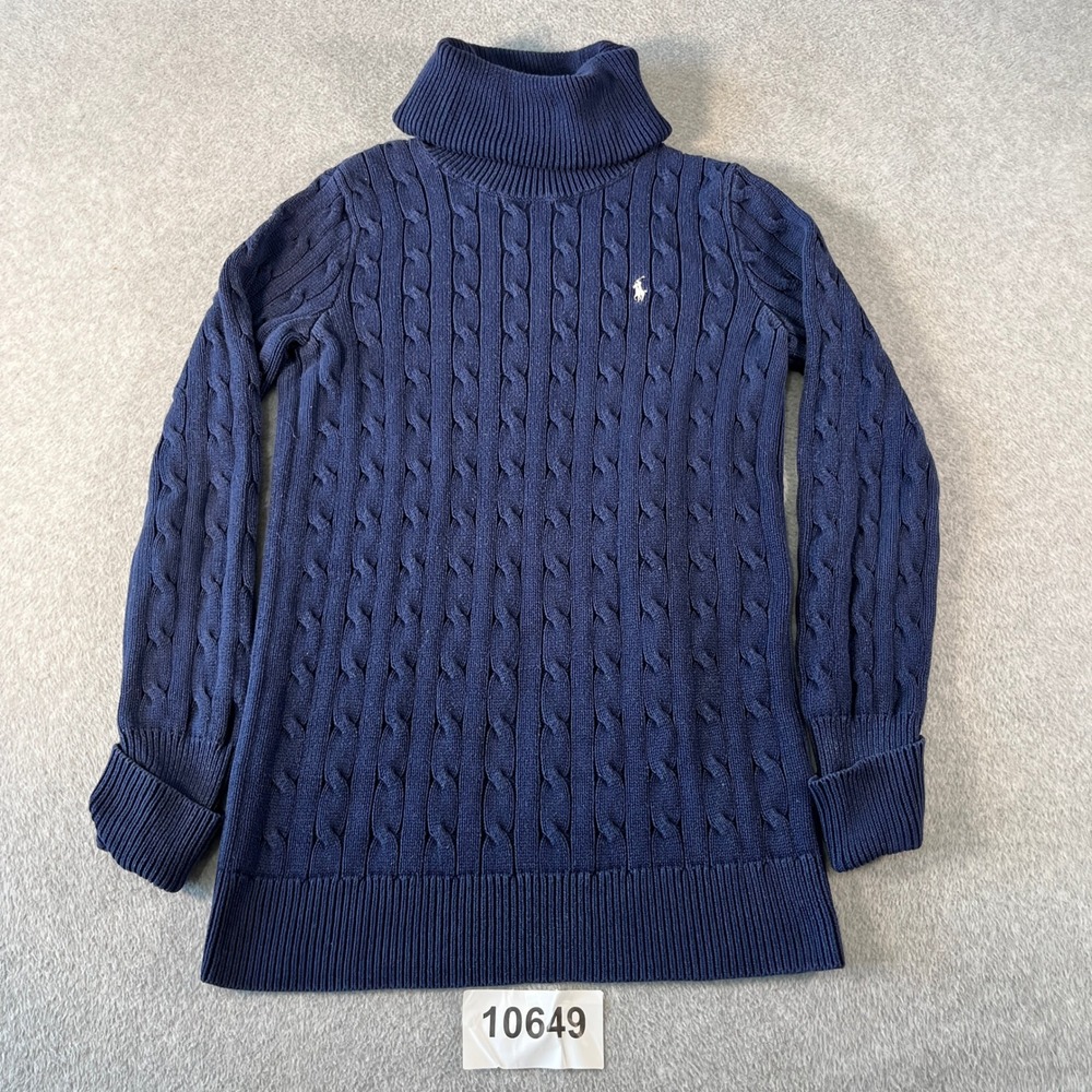 Vintage Ralph Lauren Sport Turtleneck Women M Navy Preppy Cable Knit Sweater